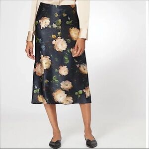 Vince Black Floral Silk Midi Skirt